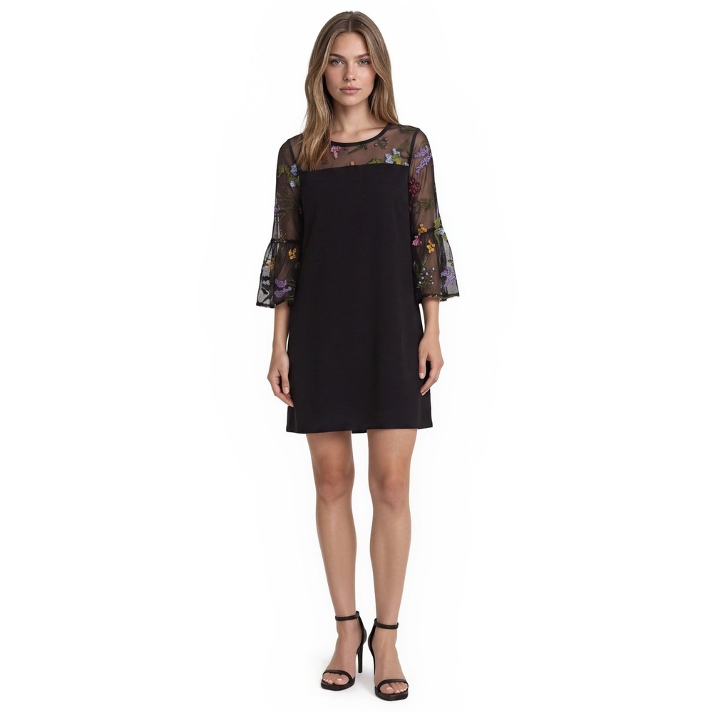 AGB Shift Dress Women's Size 12 Black Floral Embroidered Mesh Bell Sleeve